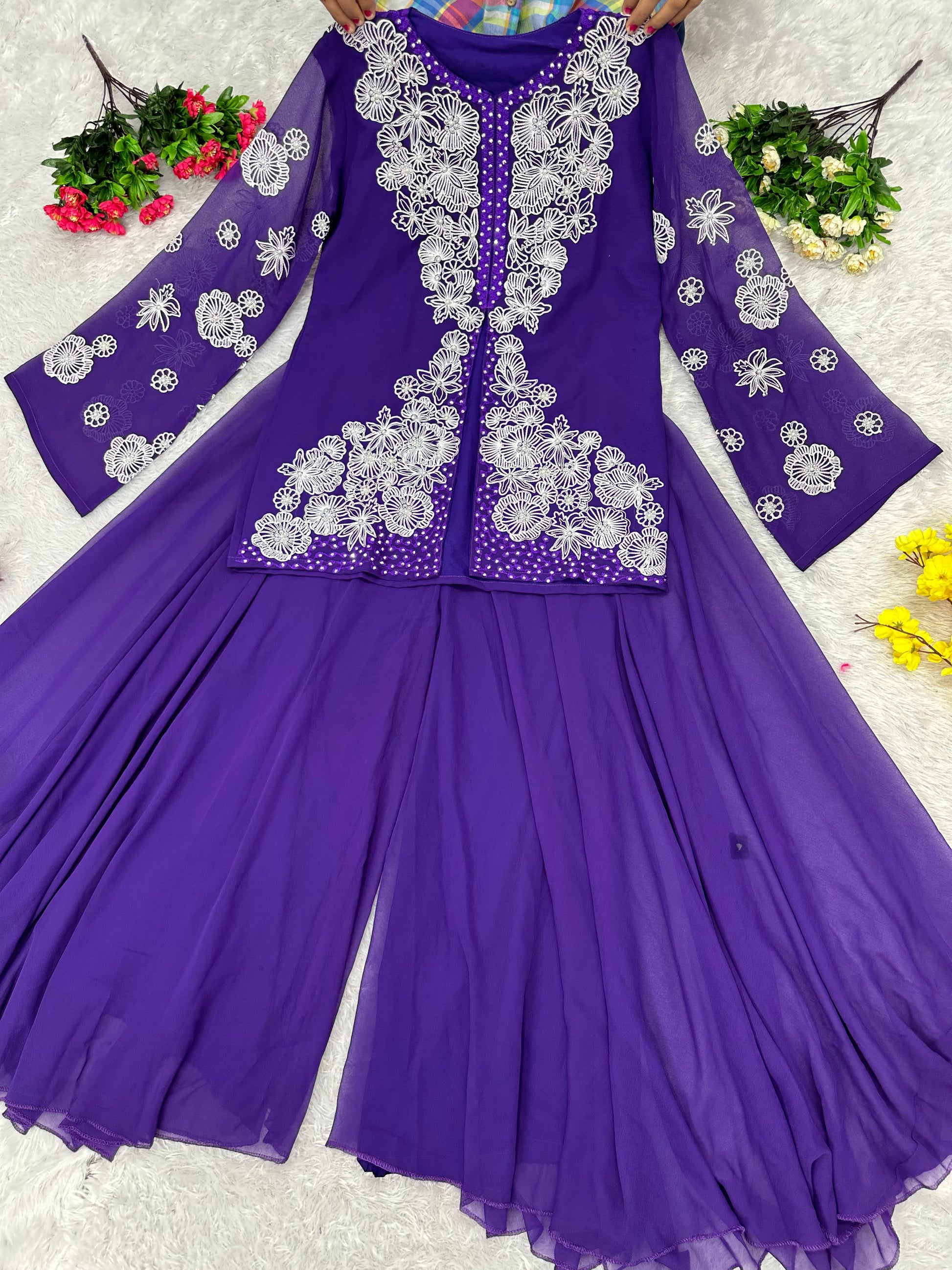 Beautiful Thread With Peral Work Purple Sharara Suit.