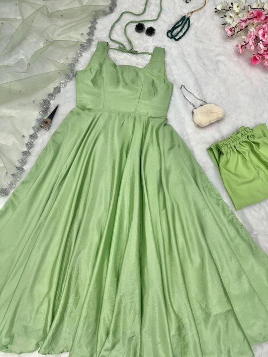 Embellished  Embroidery Sequins Work Pista Color Gown