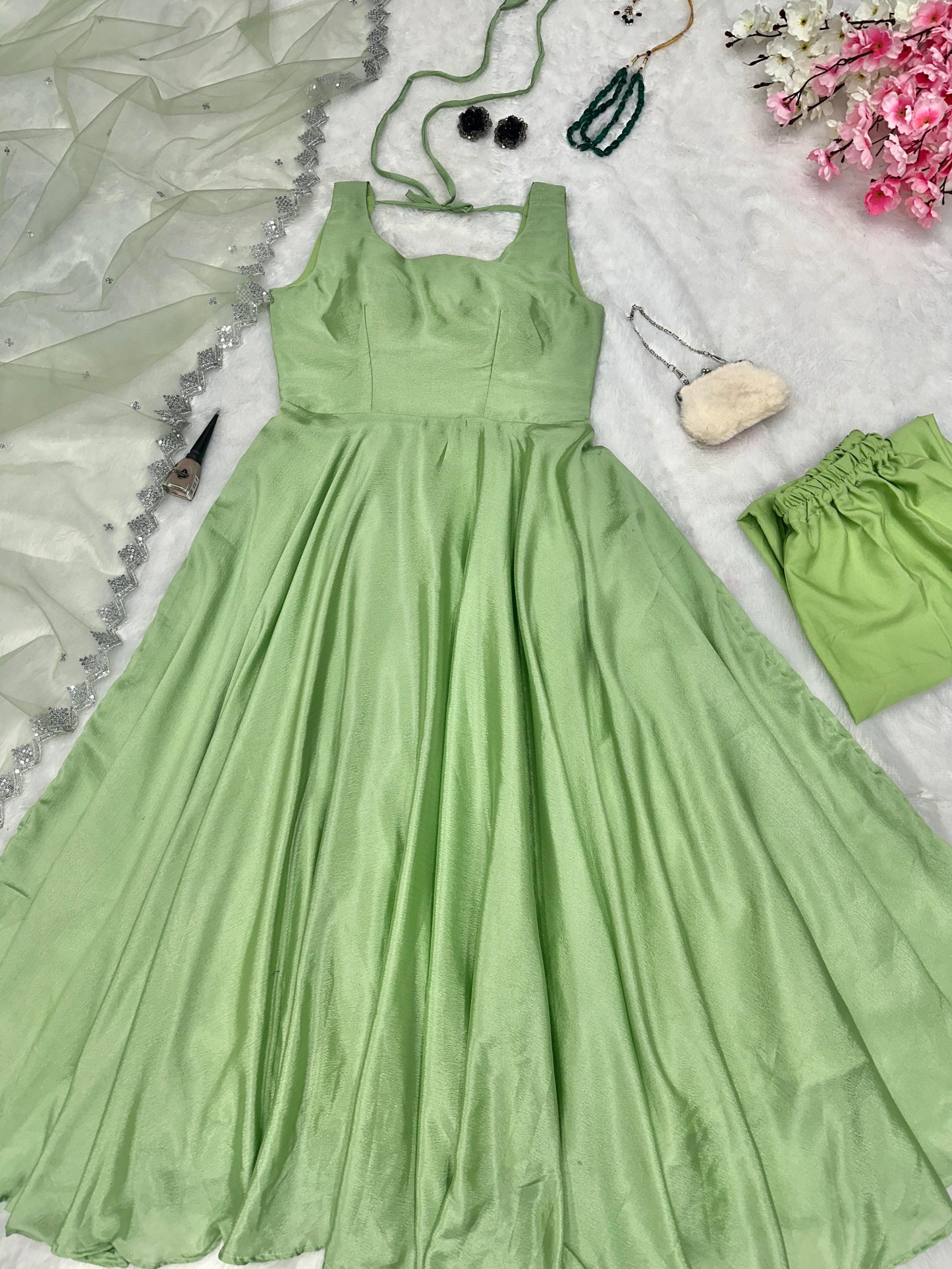 Embellished  Embroidery Sequins Work Pista Color Gown