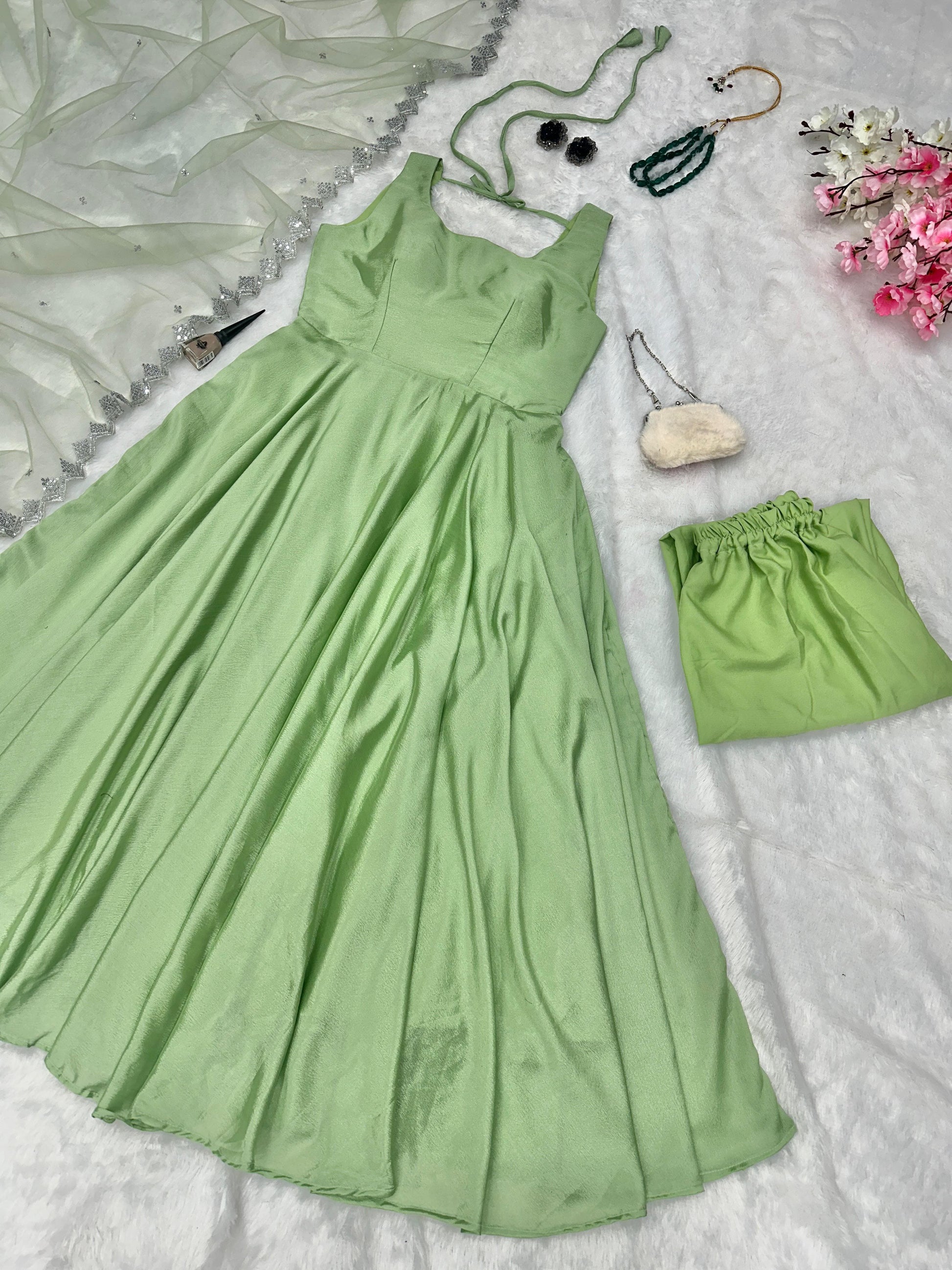 Embellished  Embroidery Sequins Work Pista Color Gown