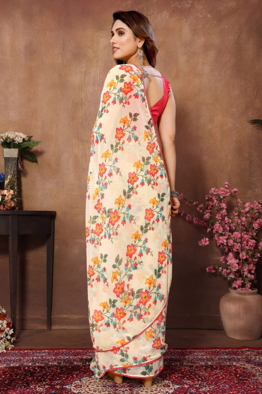 Beautiful Flower Digital Print Design Ready To Wear Saree