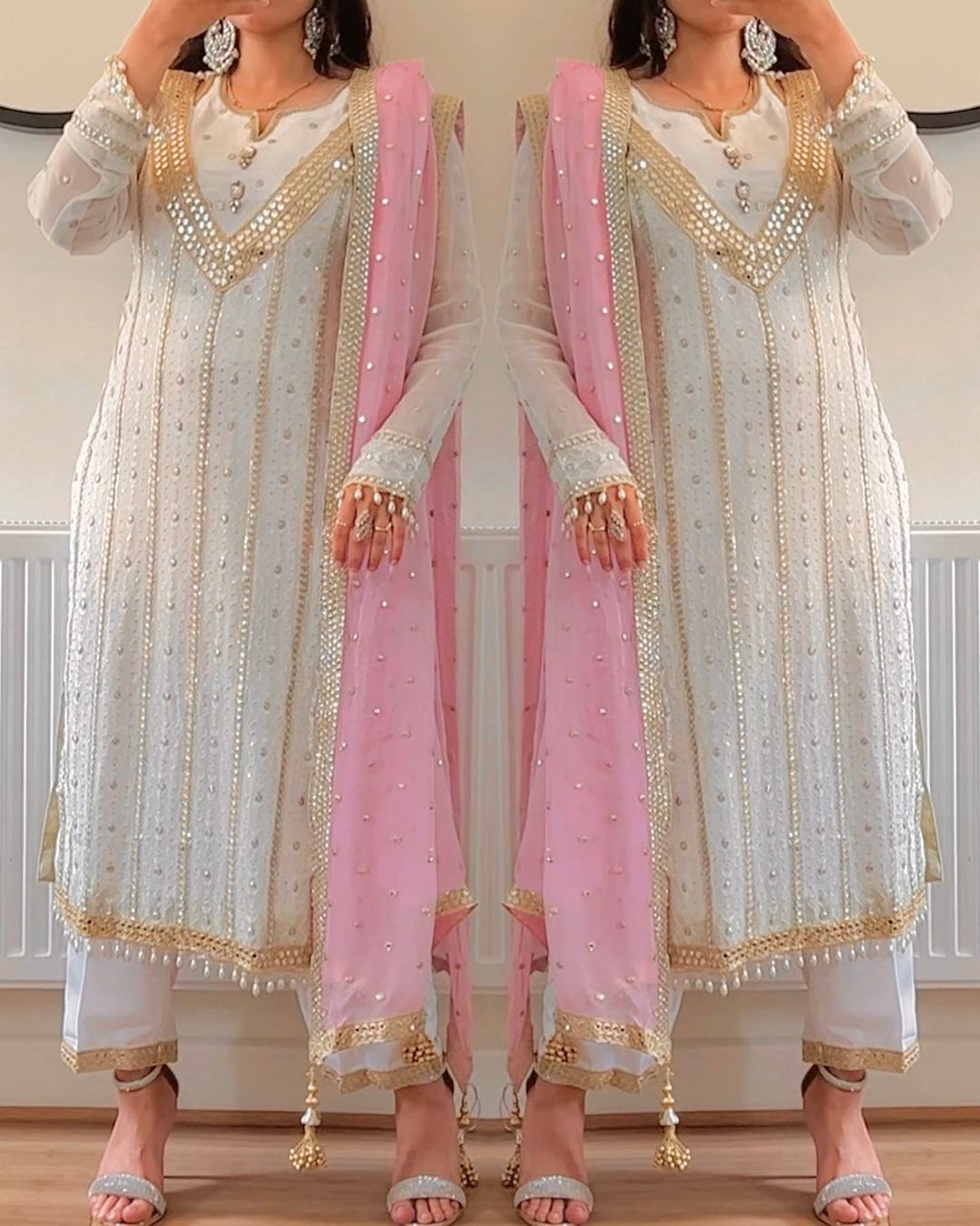 Terrific Embroidered White Salwar Suit With Pink Dupatta