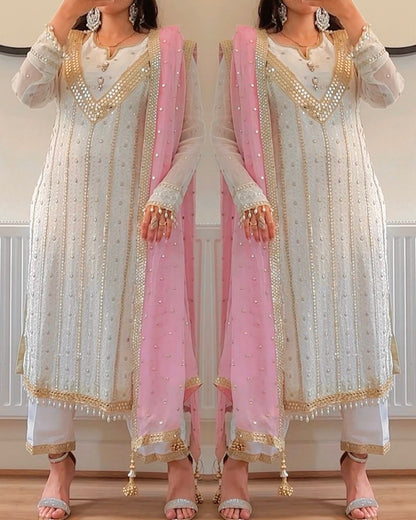 Terrific Embroidered White Salwar Suit With Pink Dupatta