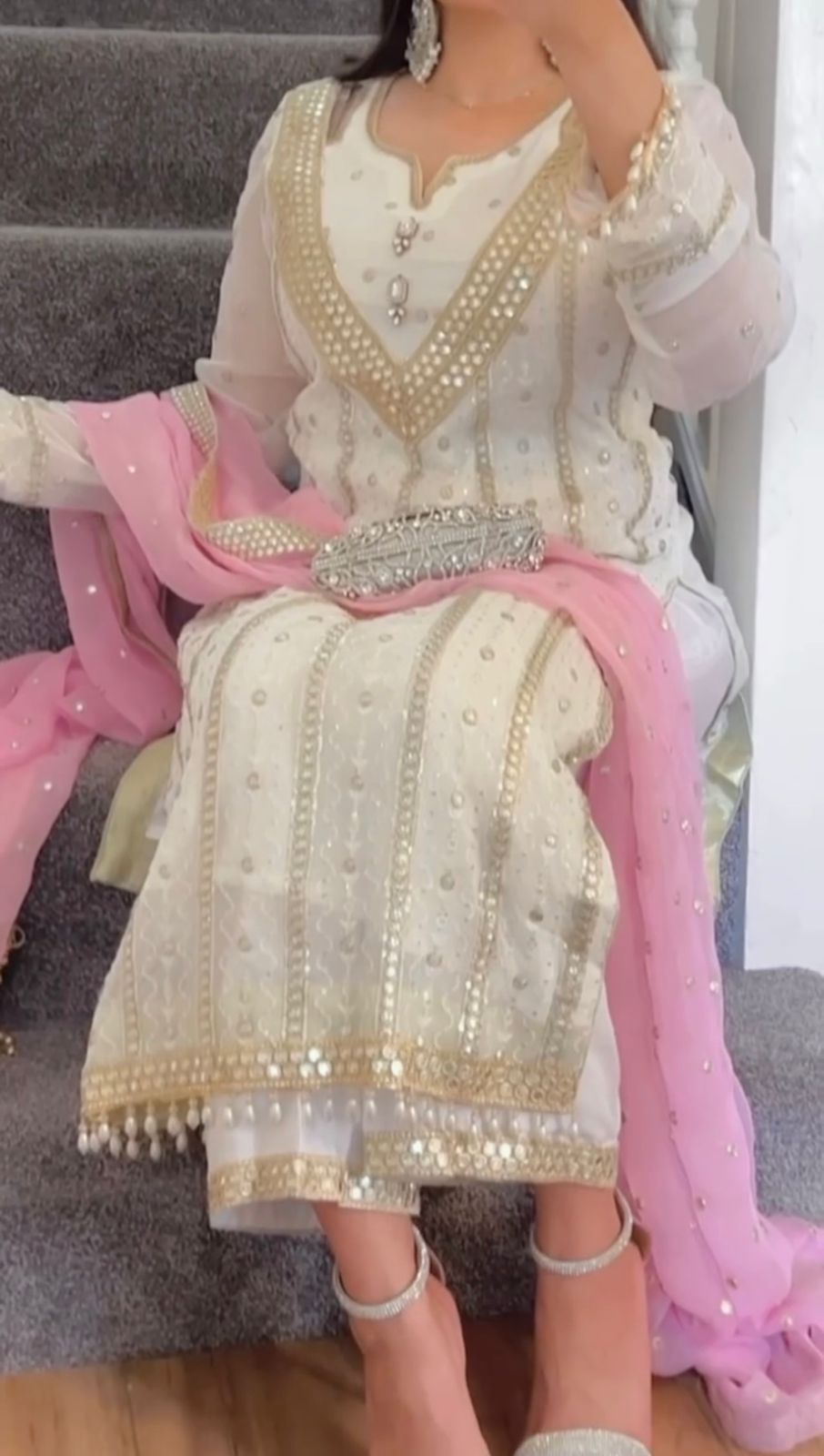 Terrific Embroidered White Salwar Suit With Pink Dupatta