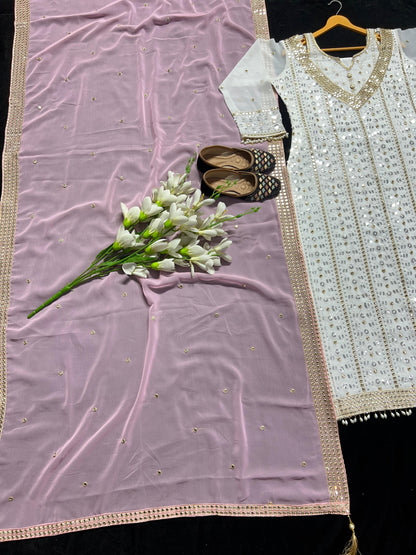 Terrific Embroidered White Salwar Suit With Pink Dupatta
