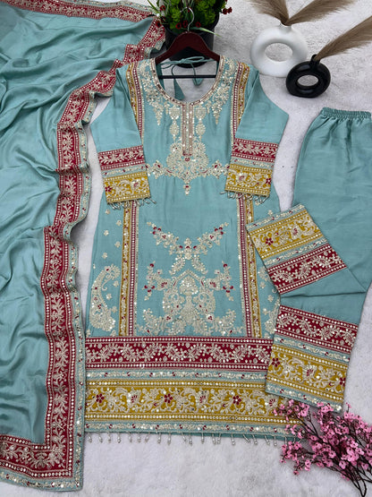Sky Blue Salwar Suit With Beautiful Sequence Embroidery Work