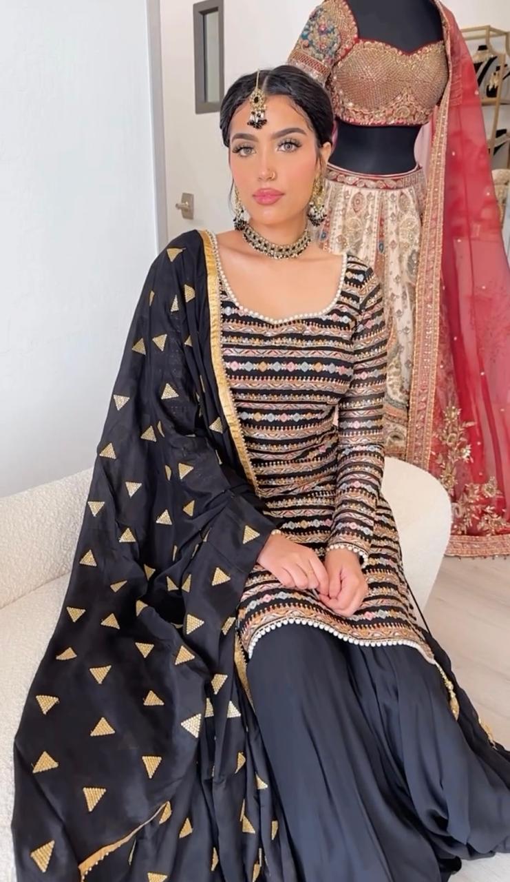 Outstanding  Sequence Work Black Color Palazzo Suit