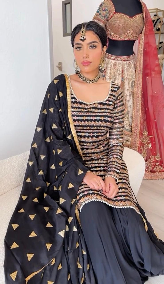 Outstanding  Sequence Work Black Color Palazzo Suit