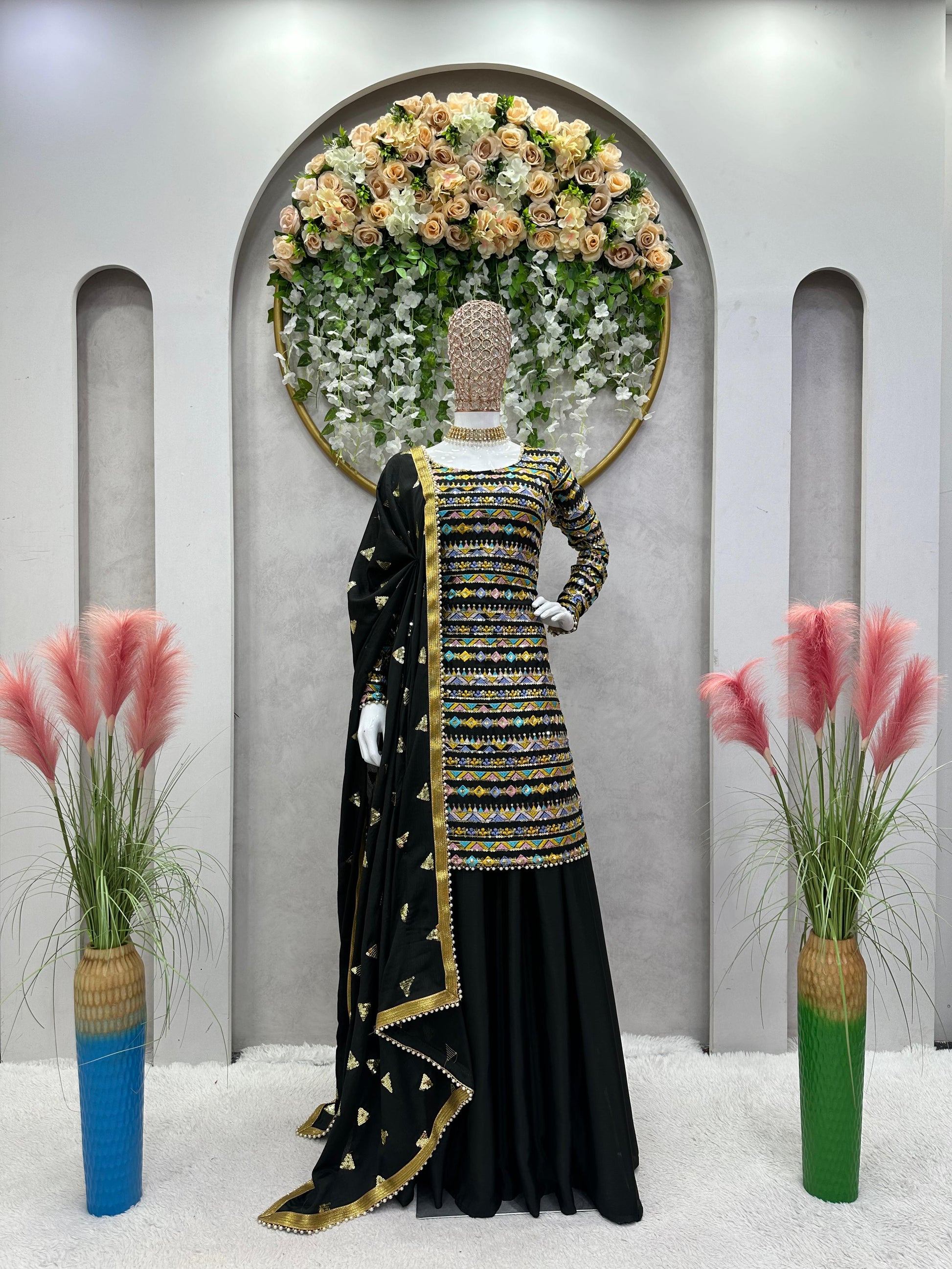 Outstanding  Sequence Work Black Color Palazzo Suit