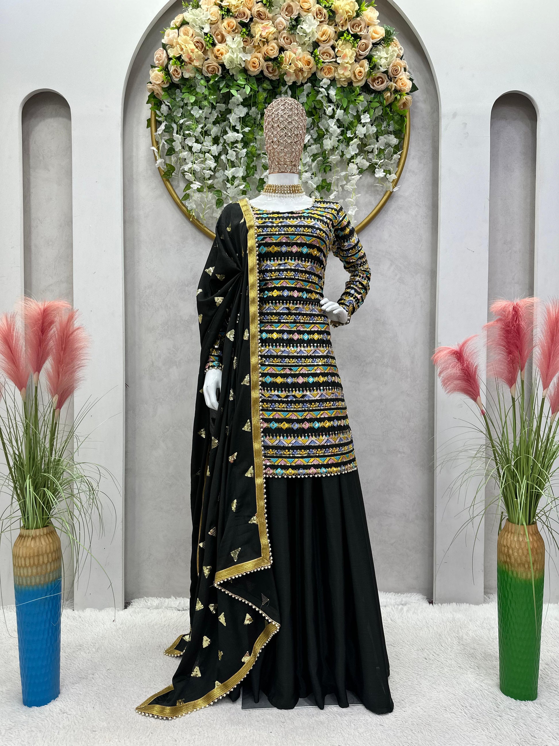 Outstanding  Sequence Work Black Color Palazzo Suit