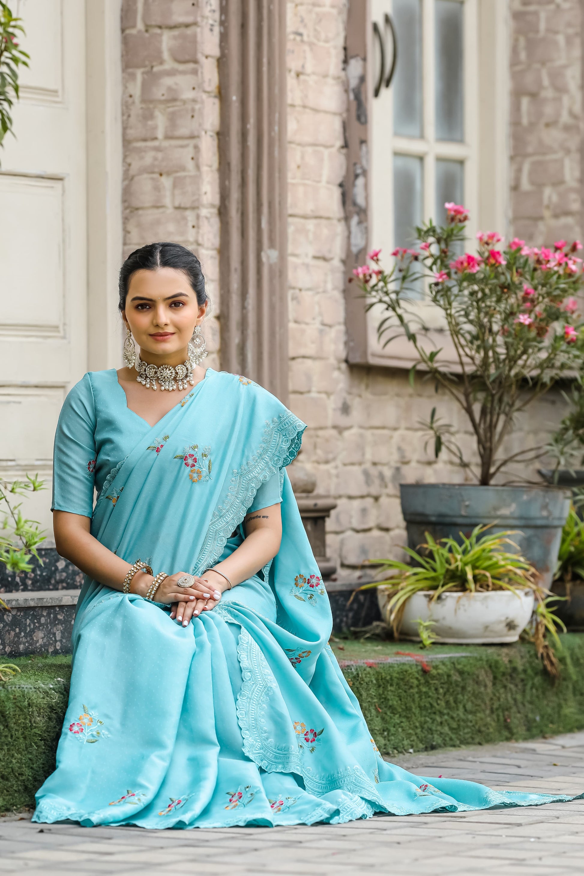Designer Floral Print With Embroidery Work Sky Blue Saree