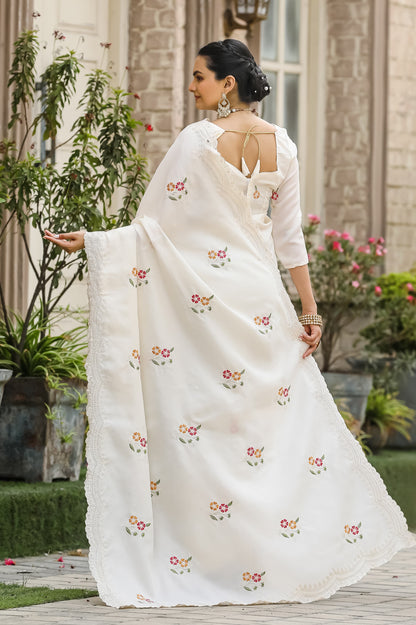 Designer Floral Print With Embroidery Work White Saree