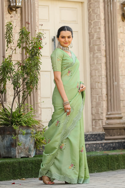 Designer Floral Print With Embroidery Work Pista Saree
