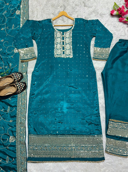 Teal Blue Color Sequence Work Kurti Pant With Dupatta