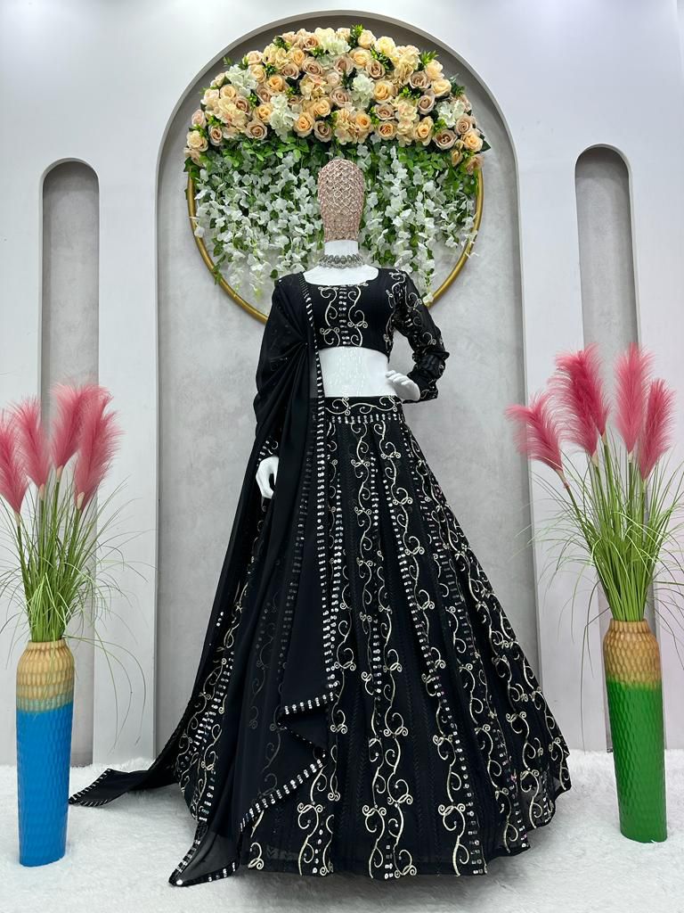 Embellished Thread With Sequence Work Black Color Lehenga Choli