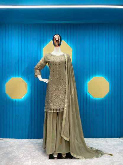 Classic Embroidery Work Grey Color Sharara Suit