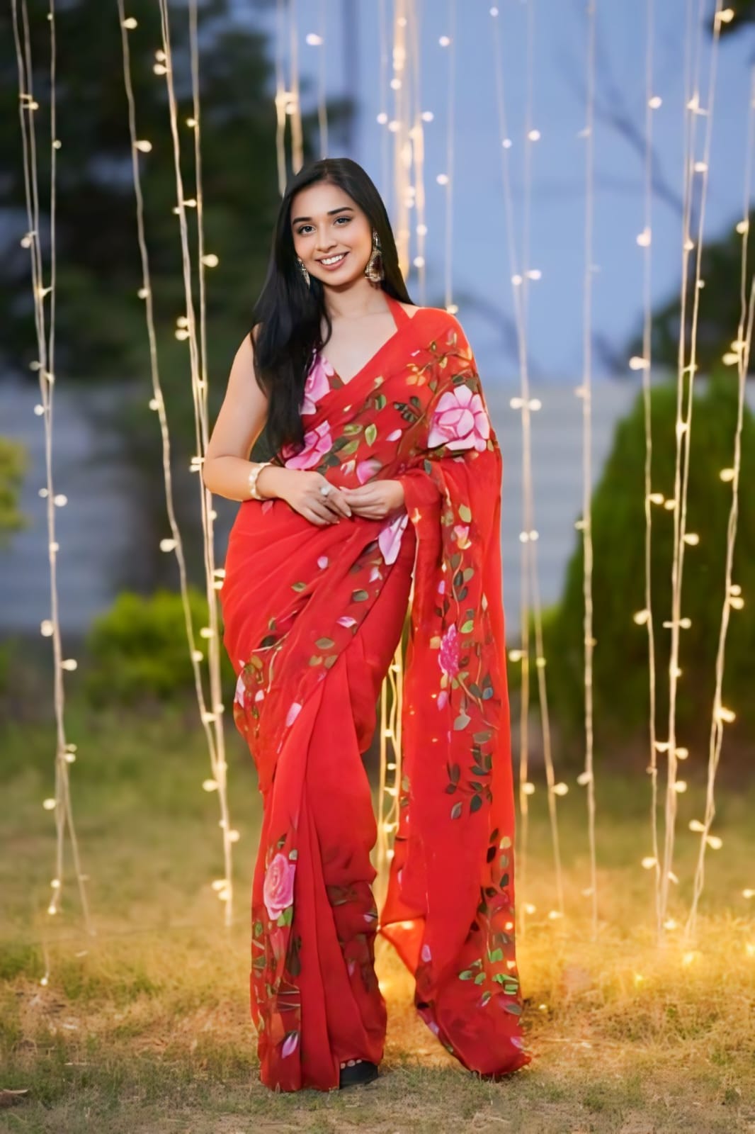 Ready To Wear Red Colour Floral Print Georgette Saree