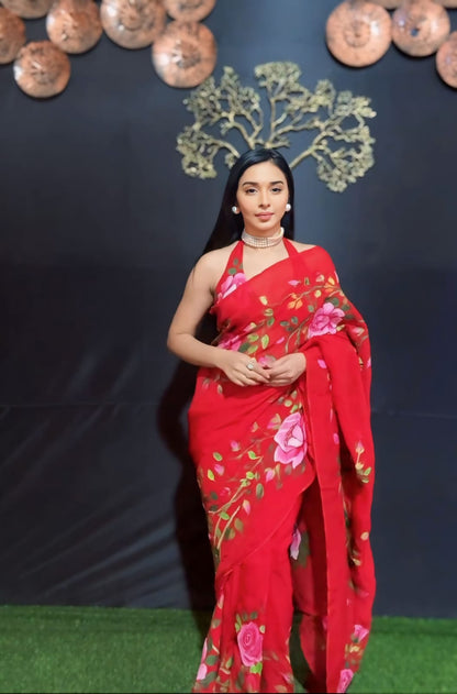 Ready To Wear Red Colour Floral Print Georgette Saree