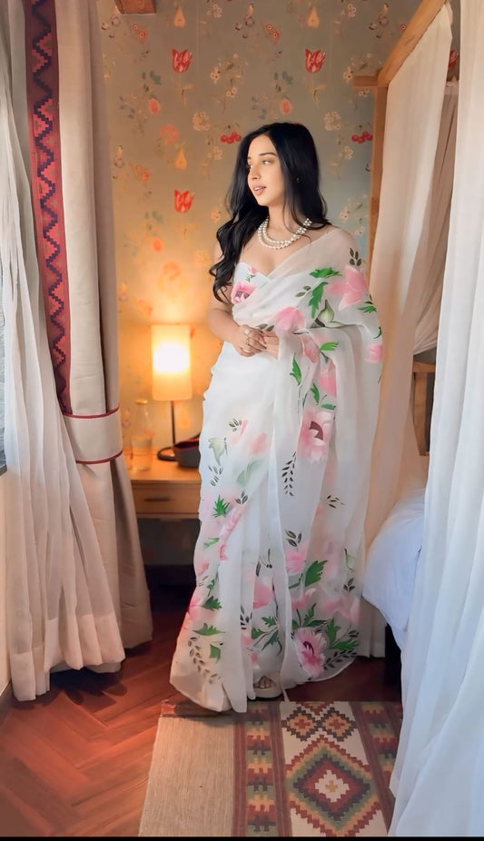 Embellished  White Color Flower Digital Print Ready To Wear Sree