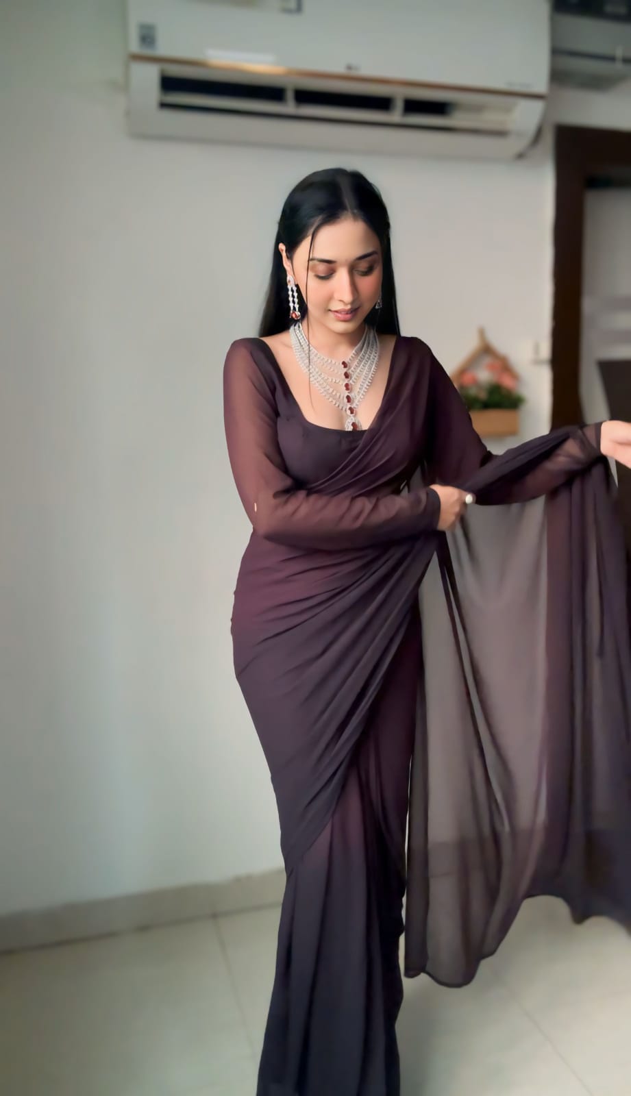 Exotic Chocolate Color Ready To Wear Saree