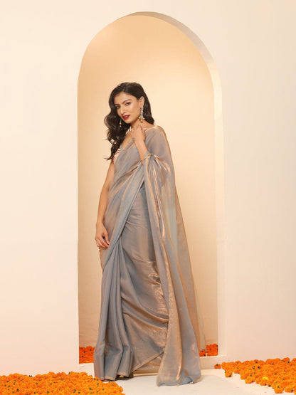 Grey Color With Golden Shade Saree