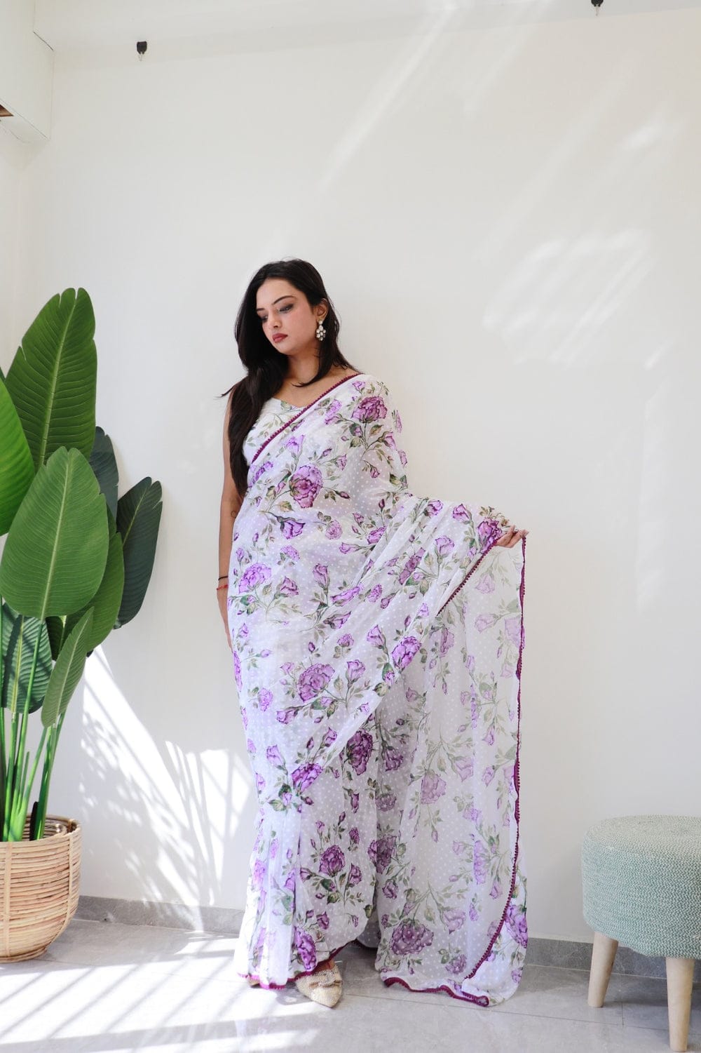 Classic  Buti Design White Color Ready To Wear Saree