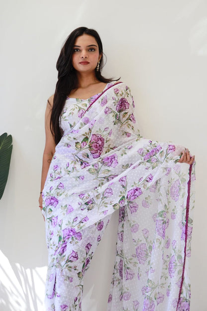 Classic  Buti Design White Color Ready To Wear Saree