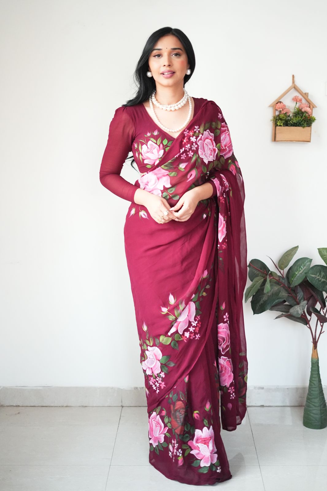 Shining Maroon Color Flower  Design Ready To Wear Saree