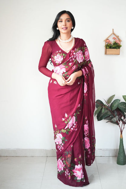 Shining Maroon Color Flower  Design Ready To Wear Saree