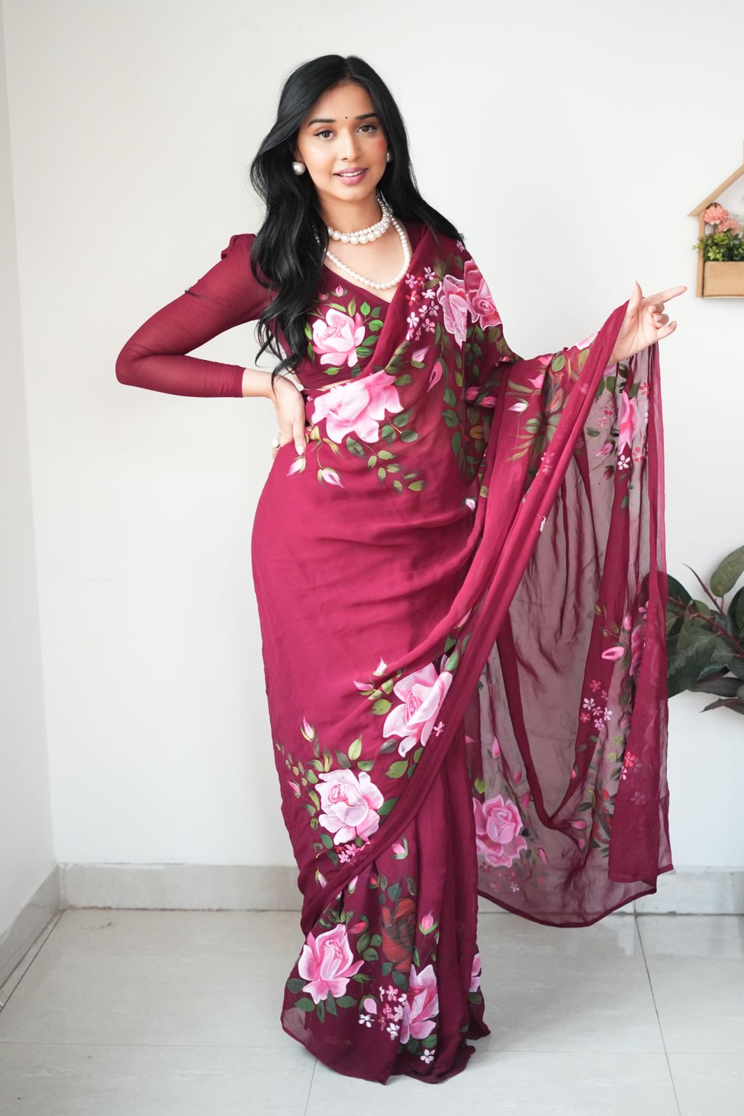 Shining Maroon Color Flower  Design Ready To Wear Saree