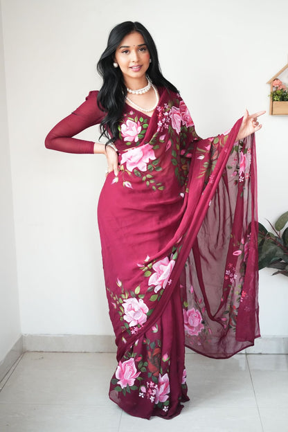 Shining Maroon Color Flower  Design Ready To Wear Saree