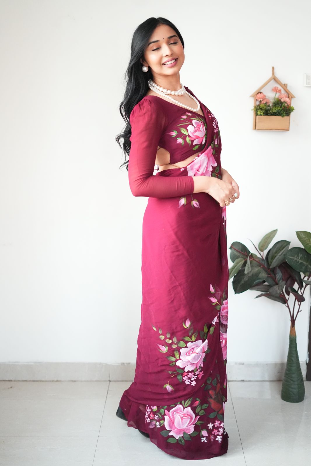 Shining Maroon Color Flower  Design Ready To Wear Saree