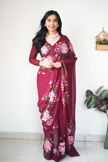 Shining Maroon Color Flower  Design Ready To Wear Saree