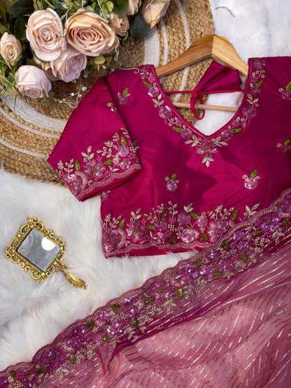 Silver Weaving Work Pink Color Saree With Heavy Blouse