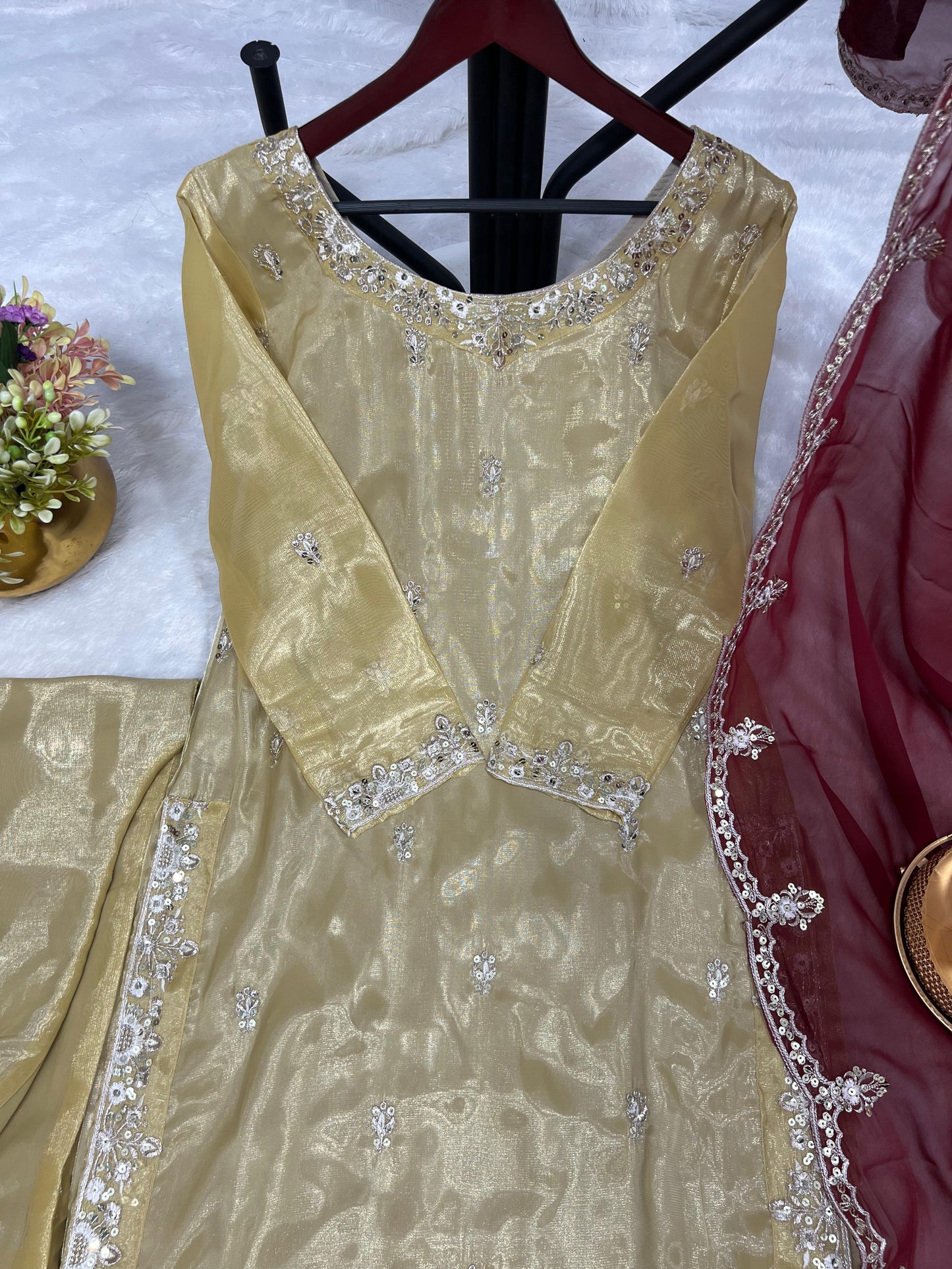 Glimmering Sequences Work Gold Color Anarkali Suit
