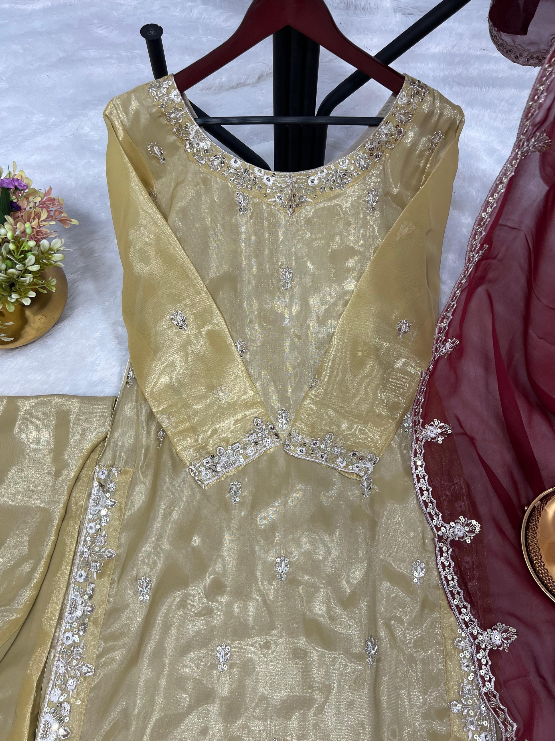 Glimmering Sequences Work Gold Color Anarkali Suit