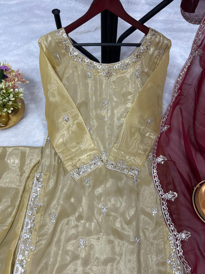 Glimmering Sequences Work Gold Color Anarkali Suit