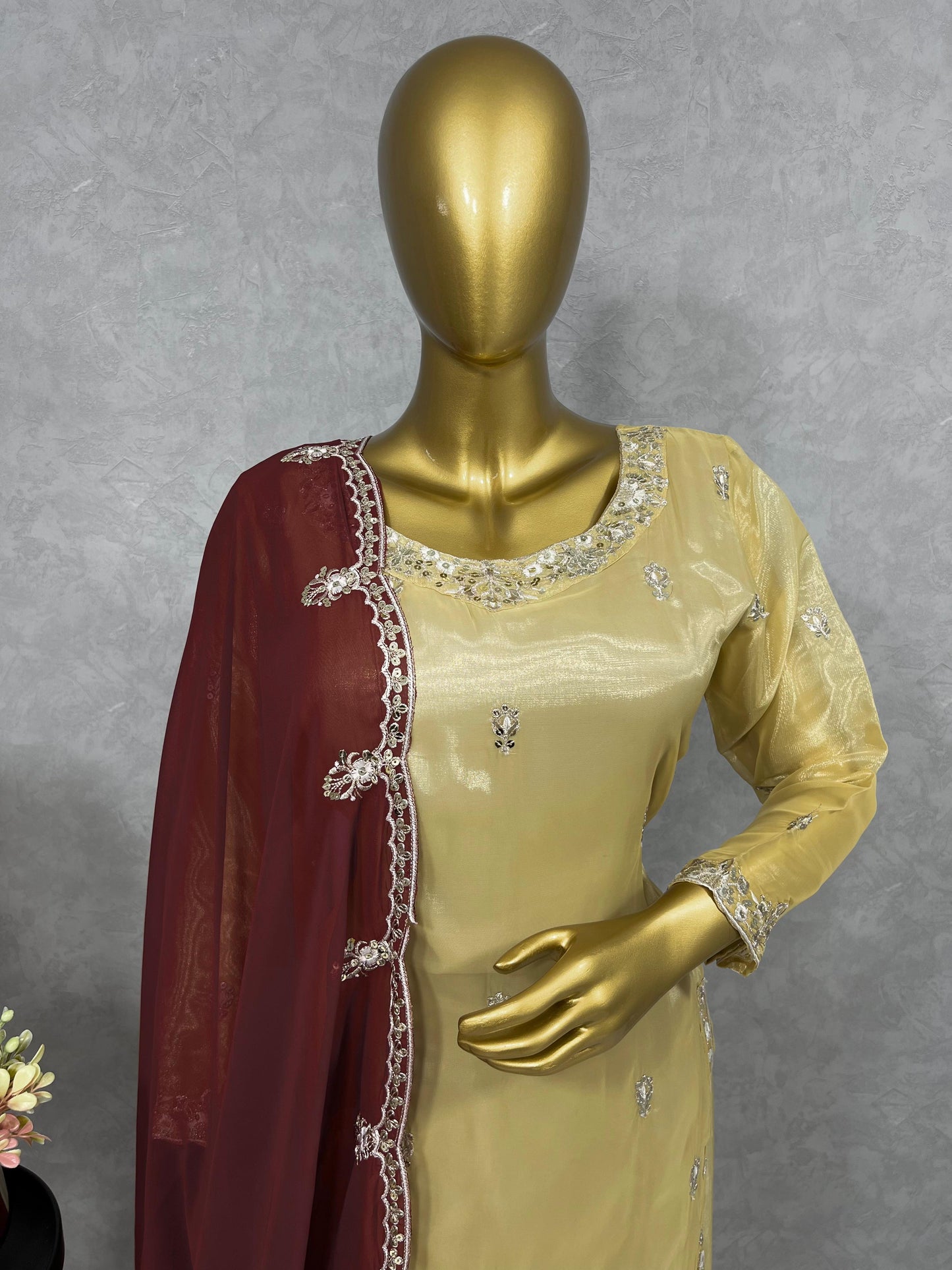Glimmering Sequences Work Gold Color Anarkali Suit