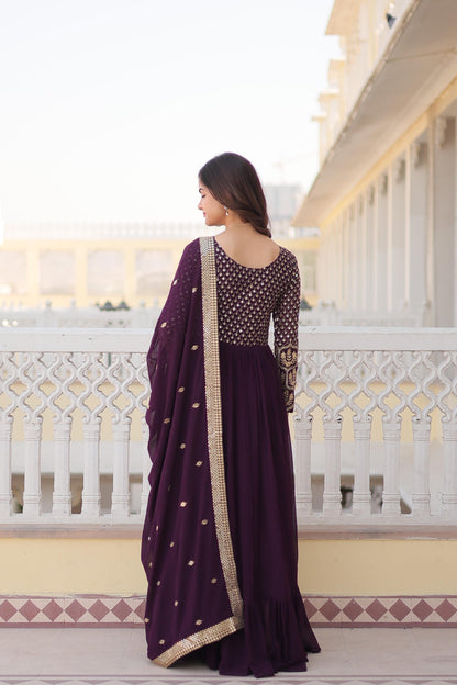 Embellished Embroidered Work Wine Color Gown