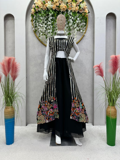 Black Color Palazzo Set With Sequence Work Shrug