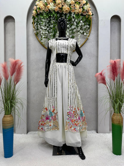 White Color Palazzo Set With Sequence Work Shrug
