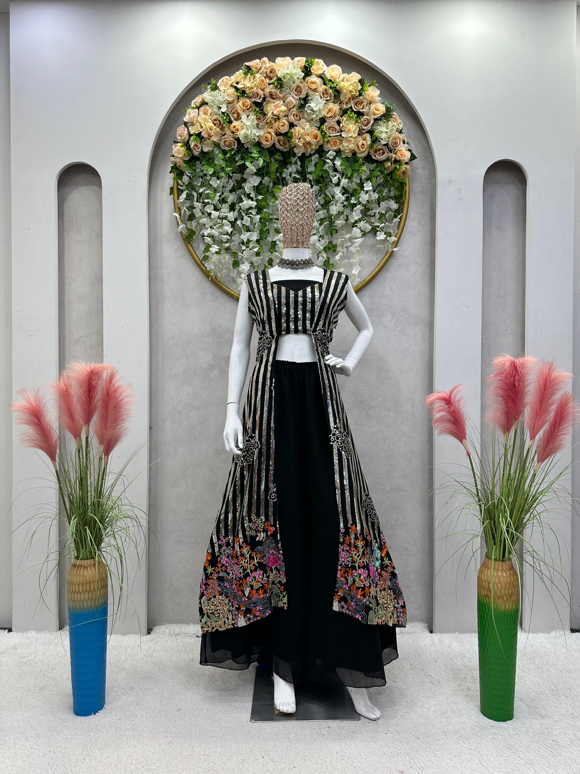 Shining  Thread With Sequence Black Color Palazzo Suit