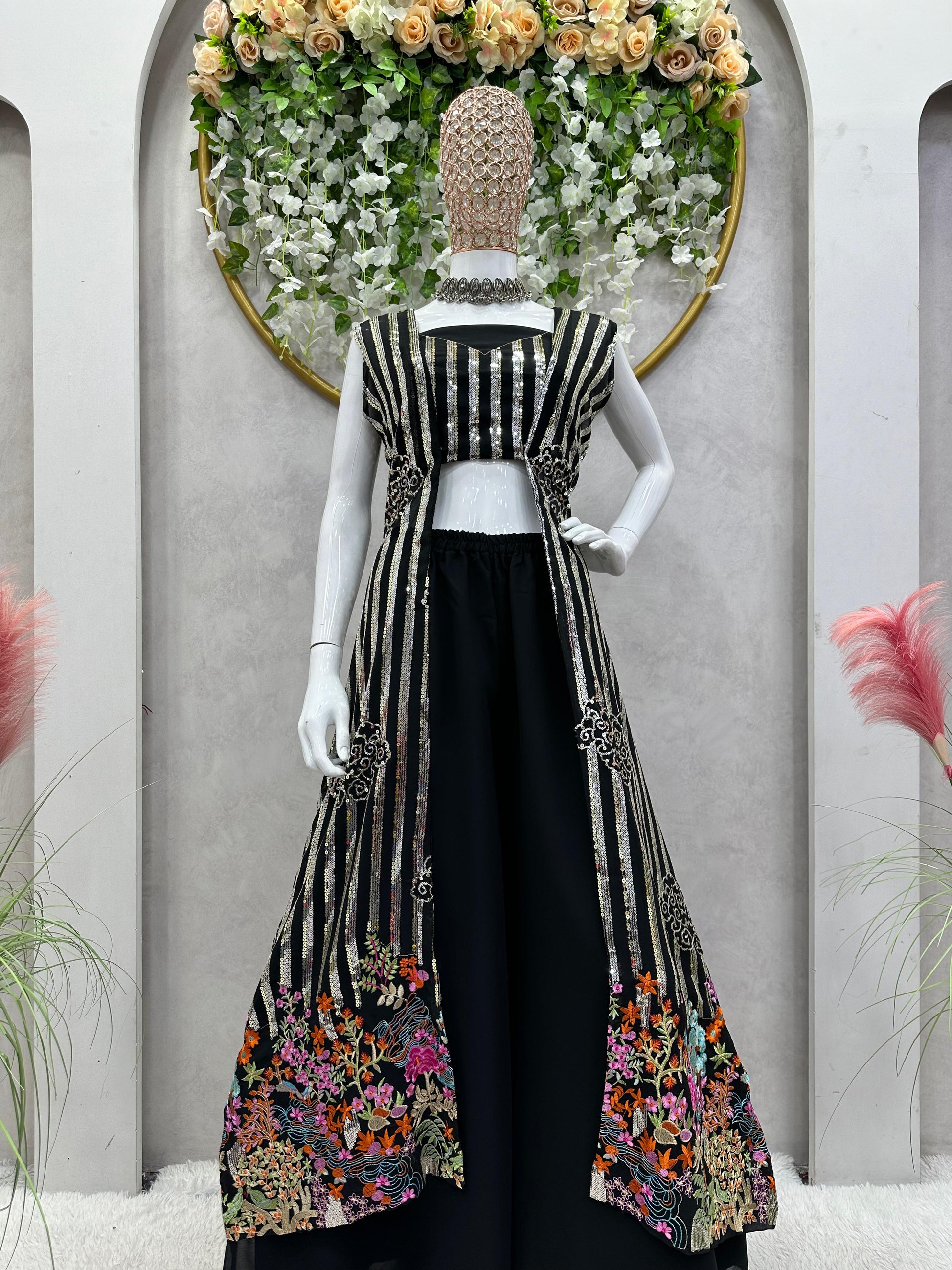 Shining  Thread With Sequence Black Color Palazzo Suit