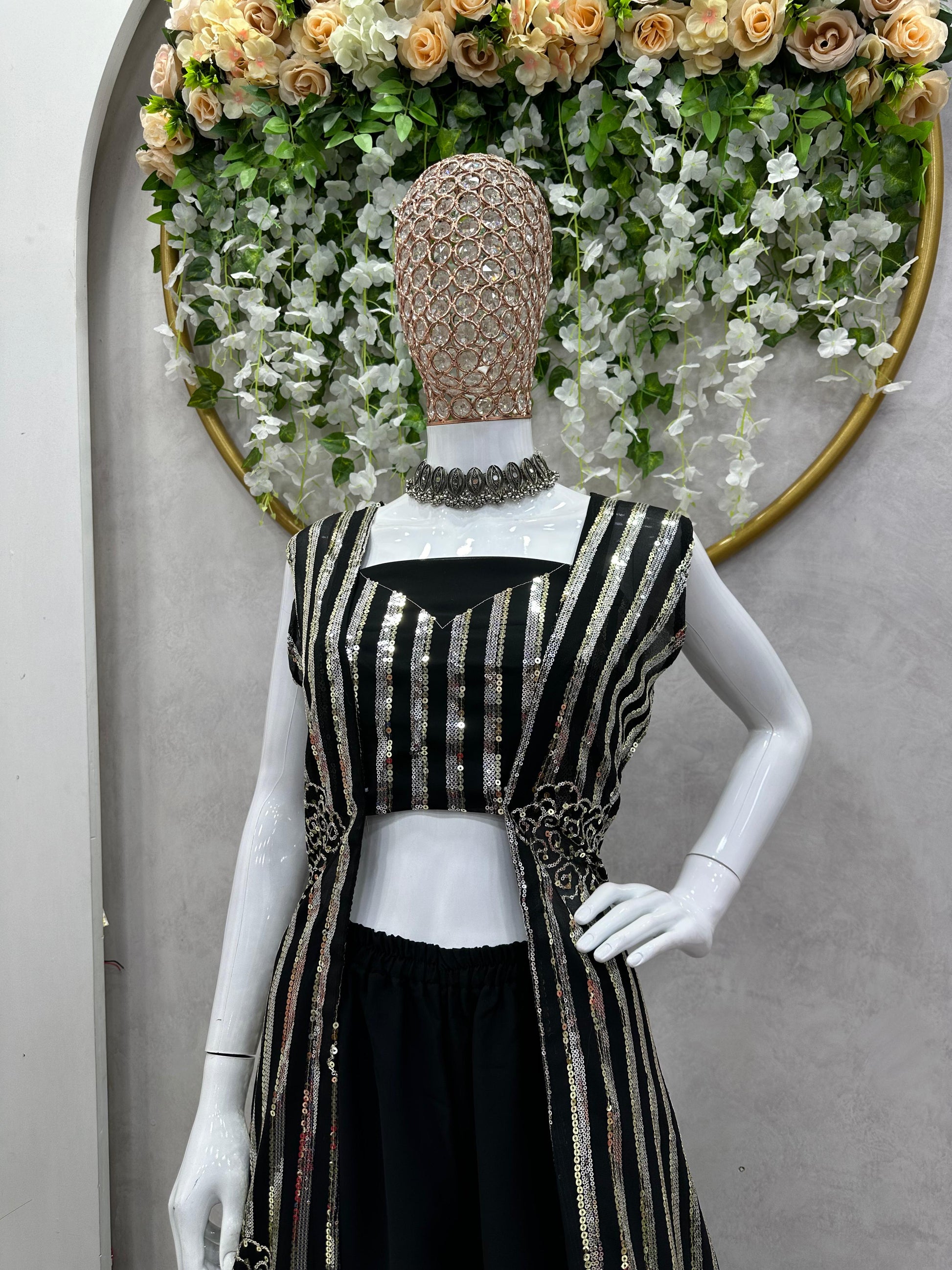 Shining  Thread With Sequence Black Color Palazzo Suit