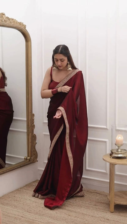 Party Wear Heavy Lace Border Maroon Saree