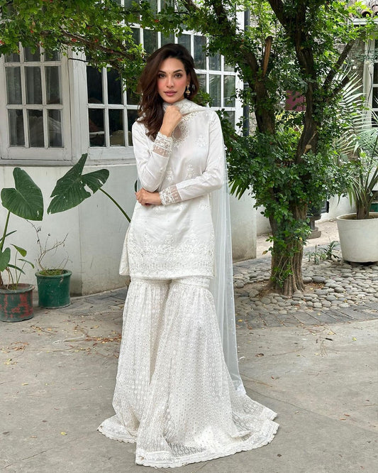 Outstanding  Sequins Work White Color Sharara Suit