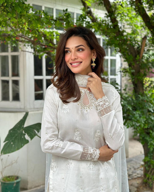 Outstanding  Sequins Work White Color Sharara Suit