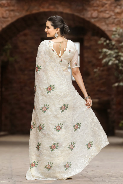 Glimmering Off White Color Embroidery With Cut Work Saree