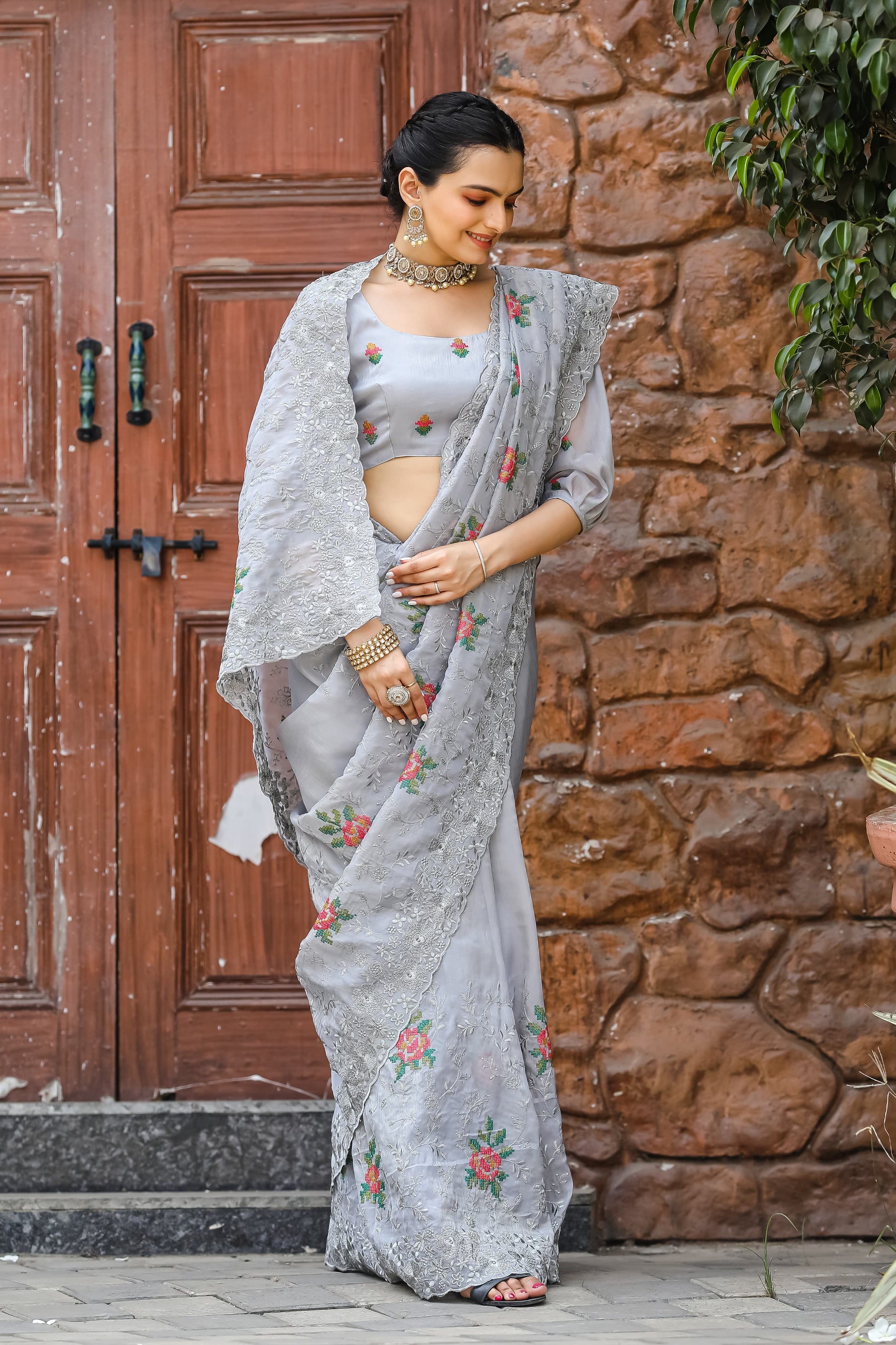 Glimmering Grey Color Embroidery With Cut Work Saree