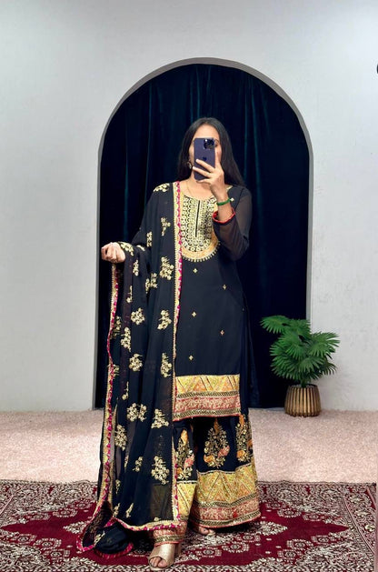 Mirror With Embroidery Work Black Color Sharara Suit